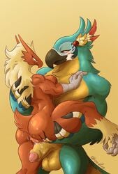 2020 anthro avian balls blaziken bodily_fluids breasts breath_of_the_wild crossover female genital_fluids genitals goolee hi_res humanoid_genitalia humanoid_penis kass_(zelda) male nintendo penis pokemon pokemon_(species) pokemon_rse pussy_juice rito simple_background straight sweat talons the_legend_of_zelda video_games