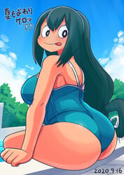 ass big_breasts chubby clothed_female female female_focus female_only green_hair leonardo_16sei long_hair looking_at_viewer looking_back my_hero_academia one-piece_swimsuit reonarudo16sei school_swimsuit solo solo_female solo_focus swimsuit tsuyu_asui