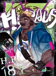 1boy anthro beard birthday bovine brown_eyes bull clothed clothing detailed ear_piercing gloves graffiti hydaus icelernd male_only muscles muscular scar skateboard solo spray_can tagme