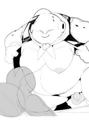 2020 absurd_res anthro balls clothed clothing dragon_ball duo fat_buu flaccid gay genitals hi_res majin_buu male male_only monochrome moobs nipples obese overweight overweight_male penis sigenoya simple_background takotyutyu white_background yaoi