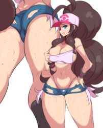 1girls bikini blue_eyes breasts brown_hair cleavage curvy demin_shorts female female_protagonist from_below hat high_resolution hilda_(pokemon) huge_breasts large_breasts nac000 nintendo pokemon pokemon_bw ponytail shorts solo standing sweat tank_top tied_hair torn_clothes very_high_resolution visor_cap voluptuous wet white_background wristband