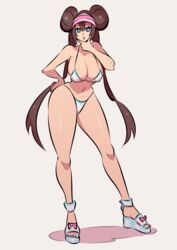 1girls bikini breasts brown_hair double_bun erect_nipples female female_protagonist hand_on_chin high_resolution huge_breasts large_breasts long_twintails looking_at_viewer nac000 nintendo nipples pokemon pokemon_bw2 rosa_(pokemon) simple_background standing swimsuit thick_thighs thighs very_high_resolution visor_cap