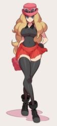 1girls ankle_boots bag black_legwear boots bracelet breasts clothed clothing crossed_legs eyewear_on_headwear facing_viewer female hand_on_hip handbag high_resolution horny impossible_clothes impossible_shirt jewelry large_breasts legs long_hair long_legs nac000 nintendo pokemon pokemon_xy red_skirt serena_(pokemon) serena_(pokemon_games) shirt shoes skirt sleeveless sleeveless_shirt sneakers solo sunglasses sunglasses_on_head thighhighs thighs very_high_resolution white_background