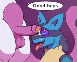 2020 anthro balls black_body black_fur blue_body blue_eyes blue_fur bodily_fluids cum cum_on_face dabelette dialogue drooling duo english_text fur genital_fluids genitals good_boy humanoid_genitalia humanoid_penis hypnosis legendary_pokémon lucario male male/male male_only mewtwo mind_control multicolored_body multicolored_eyes multicolored_fur nintendo nude open_mouth penis penis_on_face pokemon pokemon_(species) pokemon_dppt pokemon_rgby purple_background purple_body purple_eyes purple_fur ringed_eyes saliva simple_background speech_bubble text tongue tongue_out two_tone_body two_tone_fur uncut video_games white_body white_fur yaoi