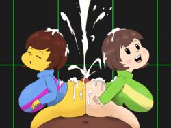 1boy 2girls assjob black_skin butt buttjob chara cum cum_on_ass cum_on_clothes cum_on_hair cumshot double_buttjob female frisk godalmite penis sweater teamwork undertale white_skin