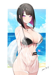 1futa beach big_penis bikini_top censor_bar censored curvy floatie futa_only futanari light-skinned_futanari light_skin looking_at_viewer mature_female milf original purple_eyes purple_hair red_potato_rinrin solo solo_futa two_tone_hair wet_clothes yuuki_mama