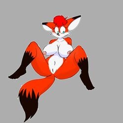 1:1 anthro areola belly big_breasts blue_eyes bodily_fluids breasts canid canine davidthewolfx10 ears_down erect_nipples female fox fox_tail fur genitals hi_res janneth_(davidthewolfx10) mammal nipples orange_body orange_fur pivoted_ears presenting presenting_pussy pussy shy solo spread_legs spreading sweat white_belly white_body white_fur