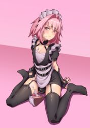 1boy androgynous astolfo_(fate) balls_in_panties cake choker cream fate/grand_order fate_(series) femboy flat_chest girly hej maid maid_headdress maid_uniform male male_only pale-skinned_male pale_skin panty_bulge penis_bulge pink_background pink_hair purple_eyes short_hair solo thighhighs