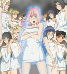 12girls 6+girls angry ayame_(naruto) edit female_only haruno_sakura hyuuga_hinata ino_yamanaka kazamatsuri_moegi kazamatsuri_moegi(genin) kurenai_yuhi looking_at_viewer mitarashi_anko multiple_girls naruto naruto_shippuden sakura_haruno shizune temari tenten towel tsunade yamanaka_ino young yuuhi_kurenai