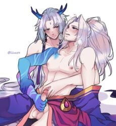 2boys blue_eyes braided_hair eye_contact gay hair_ornament hand_on_arm handjob incest league_of_legends long_hair ponytail purple_eyes spirit_blossom_series spirit_blossom_yasuo spirit_blossom_yone white_hair yaoi yasuo yone