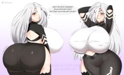 1girls alchemist_(girls'_frontline) arms_behind_back ass breasts breasts_bigger_than_head cleavage commission_art female female_only gigantic_ass gigantic_breasts girls'_frontline heart long_hair looking_at_viewer smug solo speech_bubble startop text thick_thighs watermark yellow_eyes