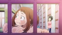 accurate_art_style against_glass big_breasts breast_press breasts_on_glass cleavage edit hand_on_glass huge_breasts momo_yaoyorozu my_hero_academia ochako_uraraka screencap screenshot screenshot_edit tank_top window yetig