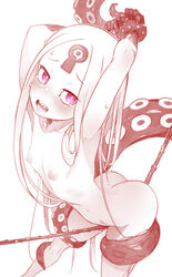 abigail_williams_(fate/grand_order) armpits arms_up ass bangs blush breasts collarbone fate/grand_order fate_(series) female gloves highres keyhole long_hair looking_at_viewer monochrome nipples nude nurami_shoji open_mouth parted_bangs purple_eyes pussy_juice restrained saliva sharp_teeth simple_background small_breasts solo sweat tears teeth very_long_hair white_background