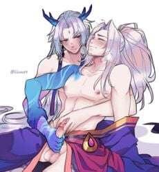 blush cum cum_on_hand eyes_closed forehead_mark gay hand_on_arm handjob horns incest league_of_legends long_hair partially_clothed ponytail purple_eyes spirit_blossom_series spirit_blossom_yasuo spirit_blossom_yone white_hair yaoi yasuo yone