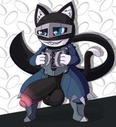 2020 alternate_costume anthro atlus balls big_balls big_penis black_balls black_body black_fur black_penis blue_bottomwear blue_clothing blue_eyes blue_topwear bottomwear brass_knuckles clothing clothing_swap cosplay dipstick_tail domestic_cat felid feline felis footwear foreskin fur genitals glans grey_boots grey_clothing grey_footwear grey_headwear grey_mask headgear headwear hi_res huge_balls huge_cock human inner_ear_fluff makoto_niijima male male_only mammal megami_tensei megami_tensei_persona melee_weapon morgana_(persona) multicolored_tail not_safe_for_reality pale_skin penis penis_through_fly persona persona_5 phantom_thief_suit pink_glans poking_out solo spiked_clothing standing topwear tuft uncut video_games weapon white_body white_fur white_inner_ear