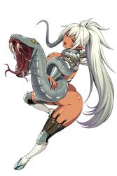 1girls angry ass attack bottomless butt_crack cleavage dark-skinned_female dark_elf echidna_(queen's_blade) elf_ears female huge_breasts knife long_hair looking_at_viewer pointy_ears queen's_blade skimpy_clothes snake white_hair