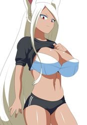 1girls big_breasts bloomers breasts bunny_ears buruma chelsea_cola dark-skinned_female dark_skin eye_contact female gym_shorts huge_breasts large_breasts long_hair looking_at_viewer miruko my_hero_academia red_eyes rumi_usagiyama shirt_lift thighs white_background white_hair