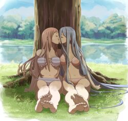 2girls azura_(fire_emblem) blue_hair bra closed_eyes felicia_(fire_emblem) female_only fire_emblem fire_emblem_fates kissing long_hair making_out multiple_girls nenekantoku nintendo panties pink_hair ponytail sitting tree underwear very_long_hair yuri