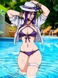1girls arms_up bikini bikini_bottom bikini_top bracelet breasts caitlyn_kiramman female hat kyoffie large_breasts league_of_legends long_hair open_mouth pool pool_party_caitlyn pool_party_series purple_bikini purple_hair riot_games solo solo_female standing thick_thighs tongue wide_hips