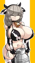 1girls armwear big_breasts bikini choker cleavage closed_eyes cow_bikini cow_ears cow_girl cow_girl_outfit cow_print cowbell eyebrows_visible_through_hair fake_horns female female_only grey_hair holding_object horns legwear medium_hair milk milk_tank navel sideboob solo solo_female sweat thick_thighs two_tone_background uzaki-chan_wa_asobitai! uzaki_tsuki very_high_resolution zanamaoria