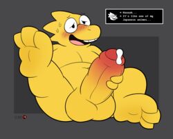 alphys anthro balls big_balls big_penis birdvian blush bodily_fluids cum cum_drip dialogue dialogue_box dripping english_text erection eyewear feet ftm_crossgender genital_fluids genitals glasses hi_res holding_penis huge_cock hyper hyper_genitalia hyper_penis looking_pleasured male masturbation navel nude open_mouth open_smile overweight overweight_anthro overweight_male penile penile_masturbation penis reptile rule_63 scales scalie signature simple_background smile solo spread_legs spreading sweat text undertale video_games yellow_body yellow_scales