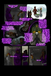 2:3 anthro black_hair black_nose brown_body brown_fur canid canine canis clothed clothing comic dialogue duo english_text felid feline female fur green_eyes grey_body grey_fur hair hi_res ipoke ishara long_hair male mammal nude purple_eyes red_body red_fur scalie text wolf