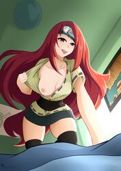 aged_down all_fours areolae black_eyes blush breasts female forehead_protector highres kmkz-art long_hair medium_breasts naruto naruto_(series) naruto_shippuden nipples one_breast_out open_clothes open_shirt pov red_hair solo teasing teenager thighhighs tongue tongue_out uzumaki_kushina uzumaki_kushina(genin) young