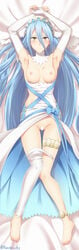 armpits arms_up azura_(fire_emblem) blue_hair blush breasts censored dakimakura dakimakura_design embarrassed embarrassed_nude_female fire_emblem fire_emblem_fates gold_eyes kanden_sky long_hair nintendo nipples partially_clothed pussy small_breasts solo solo_female very_long_hair