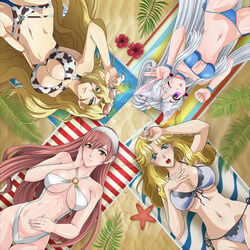 4girls abs beach big_breasts bikini blonde_hair blue_eyes cat_ears cat_girl censored cherche_(fire_emblem) crossover facial_mark facial_markings female_only fire_emblem fire_emblem_awakening grey_hair huge_breasts imelda_(langrisser) langrisser langrisser_ii large_breasts leenvidia leona_garstein lips long_hair looking_at_viewer maid_headdress mole mole_under_mouth multiple_girls nintendo on_back one_eye_closed open_mouth pink_eyes red_eyes red_hair sand silver_hair smile sunglasses sunglasses_on_head super_robot_wars swimsuit tohoku_itako towel very_long_hair violet_eyes wink