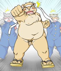 2006 anthro balls belly blush brown_body brown_fur canid canine cute_fangs felid fur genitals group humanoid_hands kemono male male_only mammal moobs nipples overweight overweight_male pantherine penis pubes takagi_kyou tiger ursid