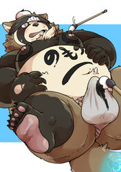 2020 absurd_res anthro asian_clothing belly blush bulge canid canine clothing east_asian_clothing fundoshi hi_res humanoid_hands japanese_clothing japanese_text kemono kururur444 live-a-hero male male_only mammal moobs nipples overweight overweight_male raccoon_dog shoen_(live_a_hero) solo_focus tanuki text underwear video_games