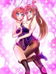 2girls adorable blue_eyes boobs breasts breasts_pressed_together brown_hair bunny bunny_ear bunny_ears bunny_girl bunny_tail bunnygirl bunnysuit cleavage clothed clothed_female costume cute doki_doki_literature_club embrace fake_animal_ears female female/female female_only green_eyes hair_ribbon high_heels hug huge_breasts hugging large_breasts leg_between_thighs light-skinned_female light_skin monika_(doki_doki_literature_club) nexus_avelon pale-skinned_female pale_skin pink_background pink_hair ponytail sayori_(doki_doki_literature_club) stockings strawberry_blonde_hair tatigami thighhighs thighs tits white_ribbon young yuri