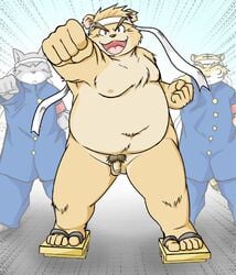 2006 anthro balls belly brown_body brown_fur canid canine cute_fangs felid fur genitals group humanoid_hands kemono male male_only mammal moobs nipples overweight overweight_male pantherine penis pubes takagi_kyou tiger ursid