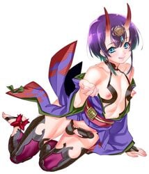 1boy bare_shoulders blue_eyes collarbone commentary_request cosplay fate/grand_order fate_(series) femboy hair_between_eyes highres horns licking_lips looking_at_viewer male_focus nipples oni oni_horns otoko_no_ko penis purple_hair rule_63 shiroo shirou short_hair shuten_douji_(fate) shuten_douji_(fate)_(cosplay) simple_background solo testicles thighhighs tongue tongue_out trap white_background