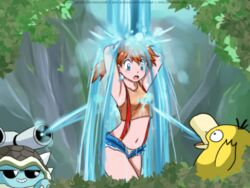 /// 4:3_aspect_ratio blastoise blue_eyes blush duck female high_resolution interspecies kasumi_(pokemon) nintendo orange_hair pokemon pokemon_(anime) psyduck shower teemo_vs_all teemovsall turtle water