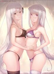 2girls blush bra echidna_(re:zero) emilia_(re:zero) female female_only kimoshi lingerie long_hair multiple_girls panties re:zero_kara_hajimeru_isekai_seikatsu silver_hair small_breasts yuri