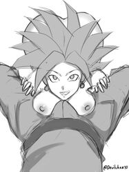1girls areolae ass black_eyes black_hair boner breasts bulge clothed clothed_male_nude_female devilukez dragon_ball dragon_ball_super earrings female fusion kefla looking_at_viewer male monochrome nipples ponytail potara_earrings saiyan short_hair shounen_jump sketch smile spiky_hair unseen_male_face watermark white_background