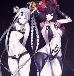 2girls 3_eyes abigail_williams_(fate) abigail_williams_(swimsuit_foreigner) arms_behind_back bare_shoulders black_bikini black_hair blush bow breasts collarbone double_bun fate/grand_order fate_(series) flat_chest grin hair_ornament katsushika_hokusai_(fate) katsushika_hokusai_(third_ascension)_(fate) keyhole large_breasts licking_lips lip_licking looking_at_viewer micro_bikini multi_eye multiple_girls parted_bangs possessed possession purple_eyes sharp_teeth shoulders sidelocks skimpy_bikini small_breasts smile swimsuit teeth thighs tongue tongue_out very_long_hair white_hair