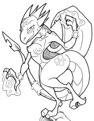 2009 anthro breasts claws cynder dragon female female_only magic monochrome mythological_creature mythological_scalie mythology nude scalie side_view smile solo spyro_the_dragon standing tagme tail