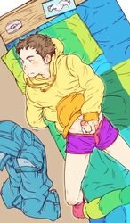 1boy ankle_socks anklehighs brown_hair hoodie male male_only masturbation on_bed original pants_removed penis pink_socks purple_underwear rifling socks solo tissue_box torte_(triggerhappy) underwear