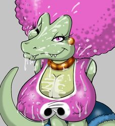 1girls cleavage color cum cum_on_breasts cum_on_clothes cum_on_face cum_on_hair donkey_kong_(series) earrings erect_nipples eyelashes fangs female female_only green_skin grey_background huge_breasts kalypso kremling lordstevie necklace nintendo nipples pink_hair purple_eyes scalie shirt shorts solo tail wink