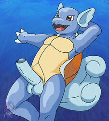 anthro balls blue_skin claws color erection hand_behind_head male male_only nintendo open_mouth penis pokemon shell solo tagme testicles wartortle
