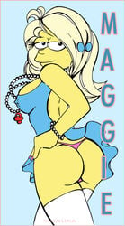 1girls blonde_hair blue_dress bracelet dress eyelashes female female_only human long_hair maggie_simpson nail_polish nails pearl_necklace pink_panties pinup shinuka skirt solo stockings the_simpsons yellow_body