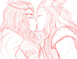 2girls female female_only fluffy_(artist) genderswap_(mtf) human human_only kissing lady_loki light-skinned_female light_skin marvel multiple_females multiple_girls rule_63 straight_hair thor_(marvel) thor_(series) yuri