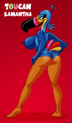 2009 avian avian_humanoid beak bedroom_eyes big_butt bird feathers from_behind froot_loops furry_only genderbend hand_on_thigh jilo large_breasts long_legs mascot nude_female red_background rule_63 solo_female tail_feathers toucan toucan_sam