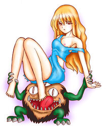 1boy 1girls 3_eyes blonde_hair breasts feet female foot_fetish male monster multi_eye nipples sangan tagme the_unhappy_maiden torn_clothes yu-gi-oh!