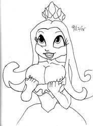 2006 candy_land crown dress erect_nipples exposing eyelashes grin hasbro long_hair monochrome no_bra queen_frostine royalty very_long_hair