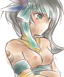 2005 bare_breasts blush blushing breasts dark-skinned_female dark_skin embarrassed female gray_hair grey_hair lady_assailant_of_flames monster release release_date tagme tribal yu-gi-oh!