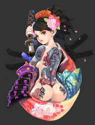 1girls armor ass breasts brown_eyes brown_hair comb female female_only flower full_body_tattoo hair_flower hair_ornament hips human irezumi japanese_clothes kanzashi katana lips looking_back momohime muramasa_the_demon_blade muuten nude petals ponytail red_eyes scabbard sheathed_weapon short_hair sideboob sode solo sword tattoo tied_hair unsheathing vanillaware weapon wide_hips