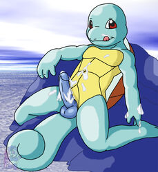 anthro balls blue_skin color cum day erection male male_only nintendo outdoors penis pokemon shell solo squirtle tagme tail testicles